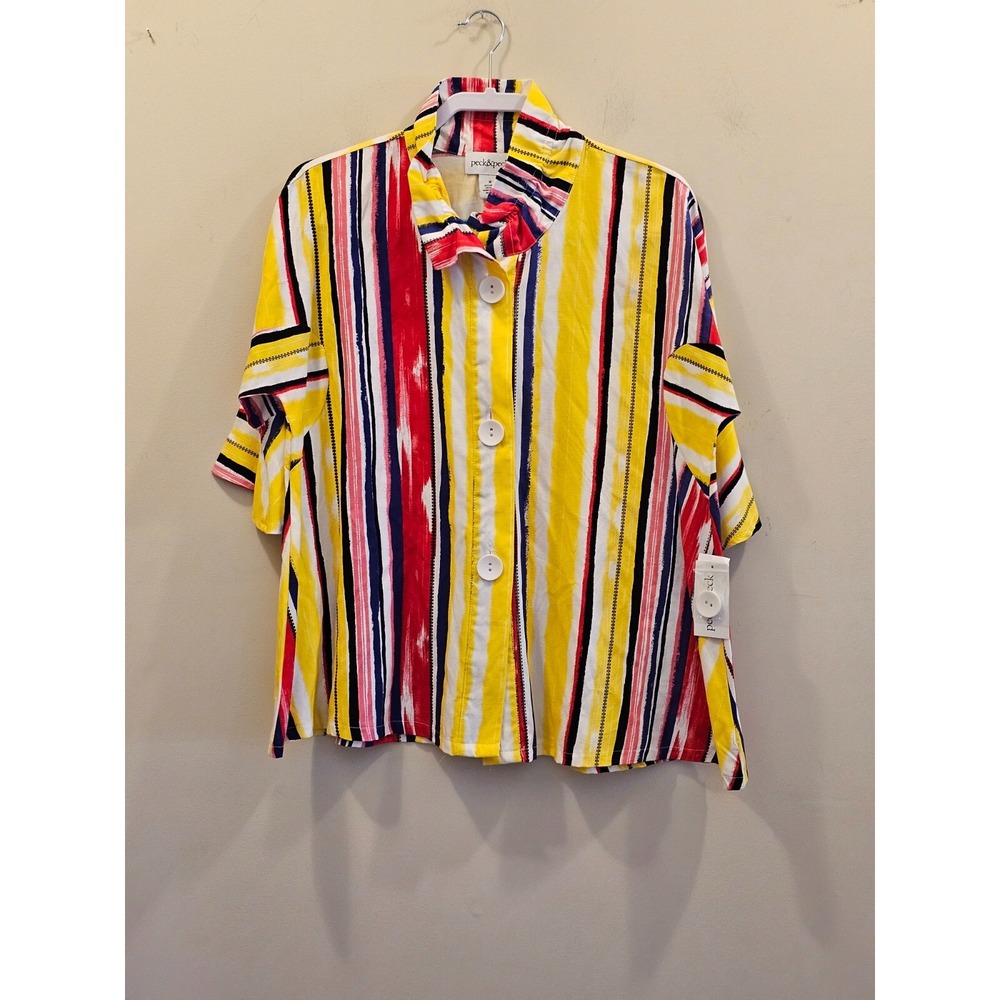 Peck & Peck Button Front Shirt Womens M Yellow Multi Stripe Tencel Linen NWT